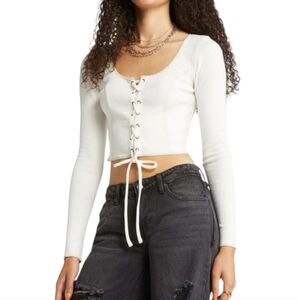 Cream Cropped Scoop Neck Long Sleeve Lace Up Crop Top Nordstrom Brand SZ 1